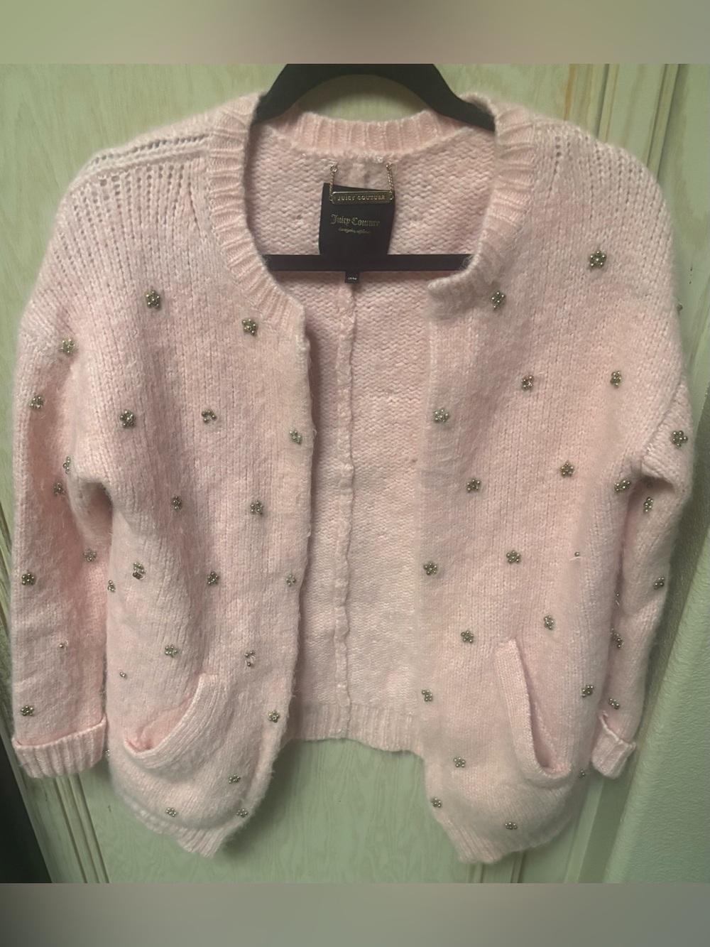 JUICY COUTURE Wool Alpaca Blend Open Cardigan Sweater XS Pink Rhinestones READ